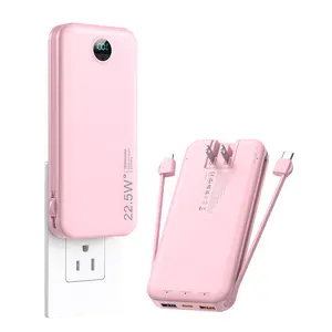 Portable Phone Charger, 12,000mAh Power Bank with Built-in Cable and Foldable AC Plug, 22.5W Max Compact Battery Pack, Travel Essentials for iPhone 15 Series, Galaxy, MacBook, Smartphone Devices Charging