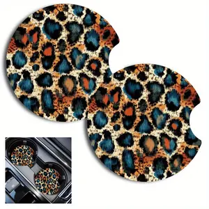 2pcs Rustic Black Leopard Print Car Coasters Setp Insert Mats, 2.76inch, Vehicle Table Mats, Fashionable Fun Accessories for Car Enthusiasts