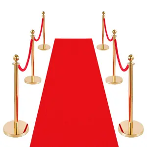 【DealsForYouDays】6-Piece Stainless Steel Gold Stanchion Post Set with Hollow Base, 4 Red Velvet Ropes, Red Carpet, Banner Stands - No-Assembly Indoor Crowd Control Queue Barrier for Wedding, Party