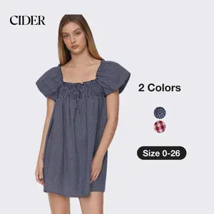 Cider Gingham Mini Dress – Smocked Square Neck Puff Sleeve 100% Cotton, Cottagecore Retro Chic Style for Daily Casual Picnic, Summer High Rise Empire Waist Fit-and-Flare Gown