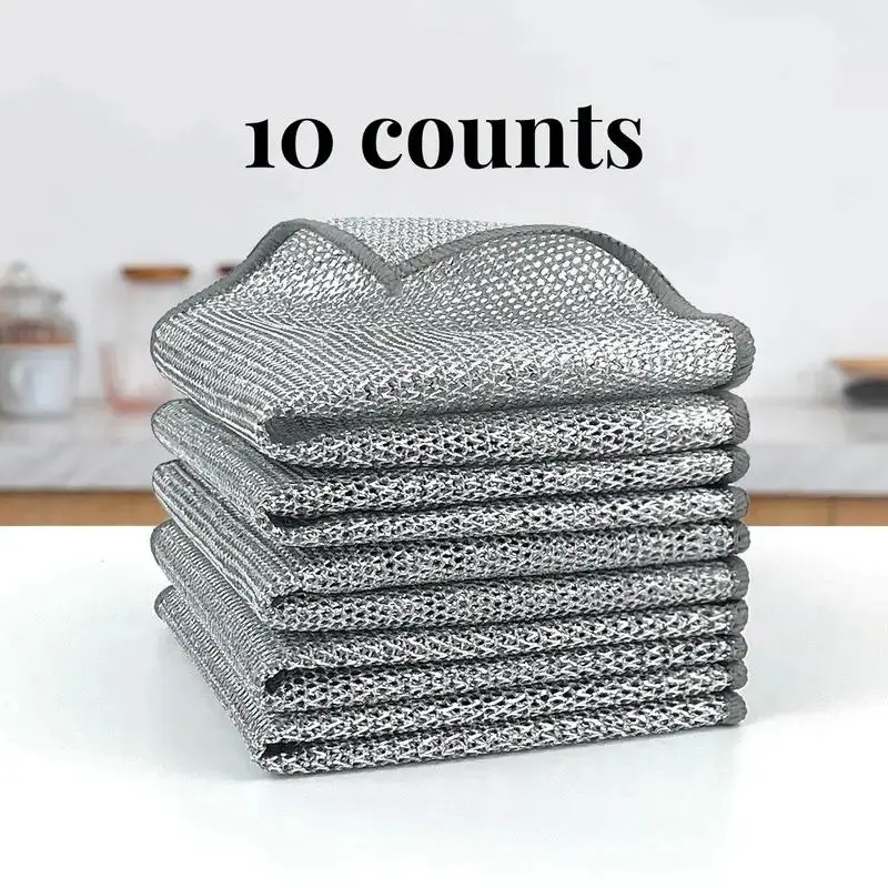10 Counts Dishwashing Rags, Double Side Multipurpose Non-Scratch Wire Dishcloths for Wet and Dry Use, Reusable Wire Cleaning Cloths for Kitchen, Sinks