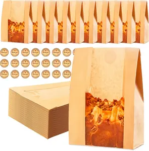 60pcs Paper Bread Bags for Homemade Bread, Sourdough Bags with Window, Large Brown Kraft Bakery Bag for Storing Loaves & Snacks, Includes 70 Sealing Stickers