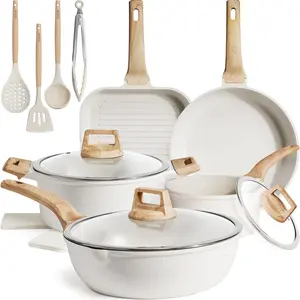 16Pcs Ceramic Pots and Pans Set Non Stick, Includes a 9.5" Grill Pan, Induction Kitchen Cookware Sets, White Nonstick RV Kitchen Camping Cooking Sets Stackable (PTFE, PFOS, PFOA Free)
