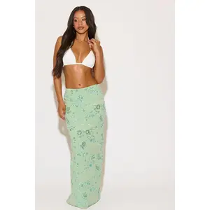 EMBELLISHED FLORAL & LINES MAXI SKIRT