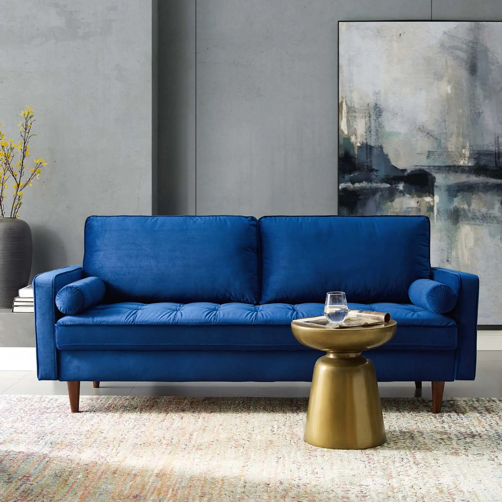 Modway Valour Modern Sofa - Navy Performance Velvet, Biscuit Tufting, Dense Foam Padding, Inner Spring Pocket Coils, Sinuous Spring Support Indoor Furniture