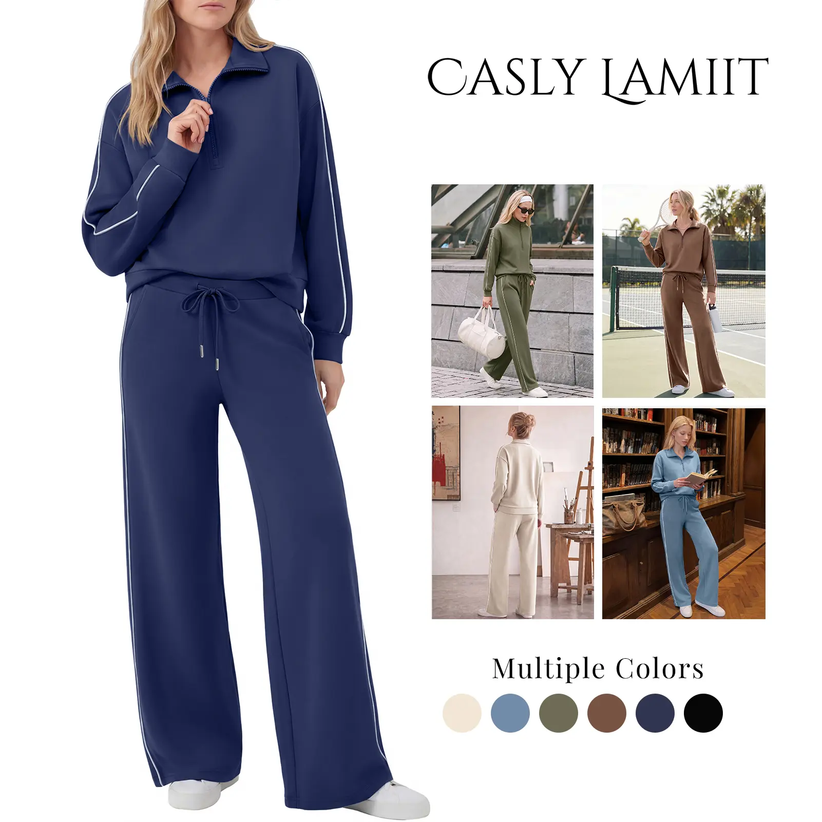 Women's 2 Piece Casual Tracksuit, Buttery-Soft Loungewear Set with Half-Zip Full Length Top and Wide Leg Pants with Pockets, Two Piece Set, Gymwear