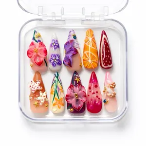 Sugarcoat Nails Handcrafted Luxury Colorful Gel Press-On Nails with 3D Art | Reusable & Sturdy, Glue Included - Tropical, Birthday, and Party Style, Stiletto