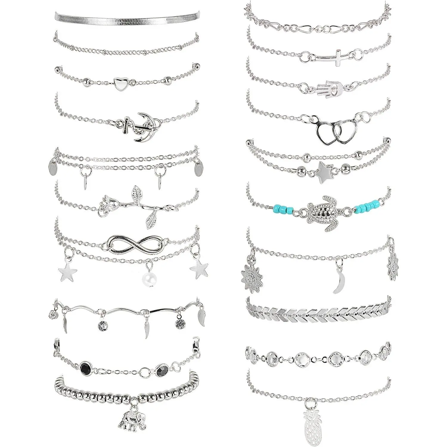 20 count Ankle Bracelets for Women Adjustable Beach Anklet Set Surfer Anklet Heart  Turtle Infinite Anklets Foot
