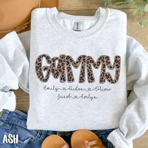 Custom Gammy Sweatshirt with Grandkids Names, Gammy Leopard Print Pullover, Custom Gift for Grandma