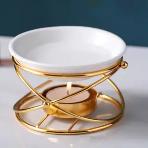 Romantic Metal Tealight Candle Holder Oil Tart Burner Aroma Diffuser Furnace with Elegant Gold Finish and Ceramic Insert