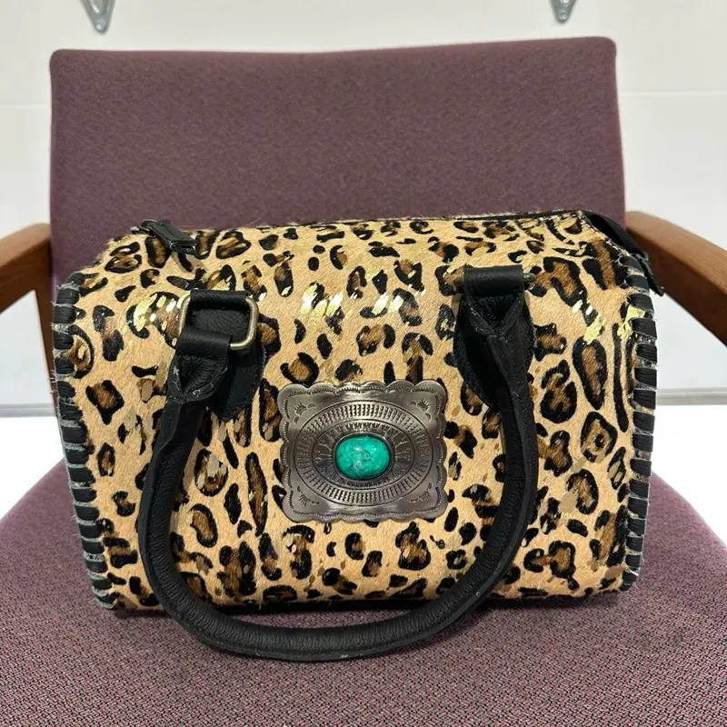 MEDIUM Leopard Print Speedy Bag with Silver Accents and Turquoise Gem Stone for Women