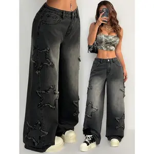 Women's Black Gradient Wide-Leg Jeans with Star Cut-Out Raw Edges - Loose Fit Streetwear Hip-Hop Style, Machine Washable Denim for Spring Summer Fall Casual Outfits Womenswear Bottom Pants Comfort Trouser Pocket