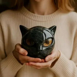 Luxury HandCarved Black Cat Sculpture  Elegant Home Decor Gift