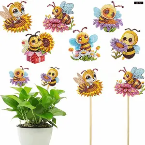 6Pcs Bee Stakes Diamond Painting Kits Animal Diamond Art Garden Decor Kits DIY Crafts Diamond Art Craft Kits for Flower Plant Pot