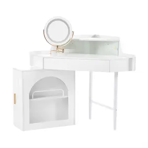 Corner Makeup Vanity Desk With Mirror & LED Lights, Modern Vanity Set With Mirror And Stool, Dressing Table With Large Storage For Small Place, Brightness Adjustable Folding Mirror, White