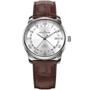 Oceaneva Men's OceanTrek Silver GMT Automatic 200m Leather Watch Brown Italian Leather Strap 316L Stainless Steel Case 41-Hour Power Reserve