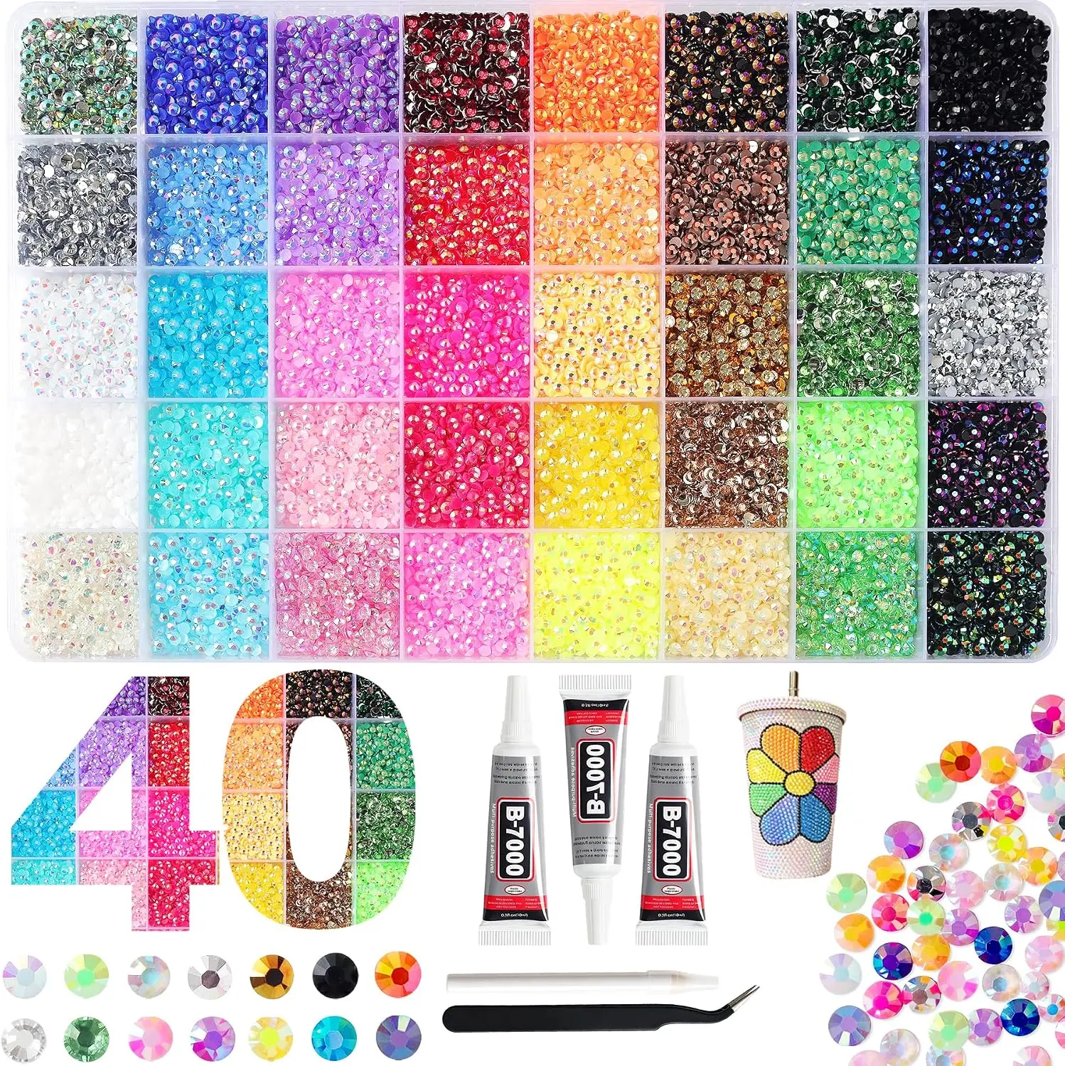 40 Colors 40000Pcs 3mm Resin Flatback Rhinestones Set, Multicolor Jelly Rhinestone Kit for Bedazzling, Nail Art, Shoes, DIY Decor, Perfect Party Favor & Home Decor Gift