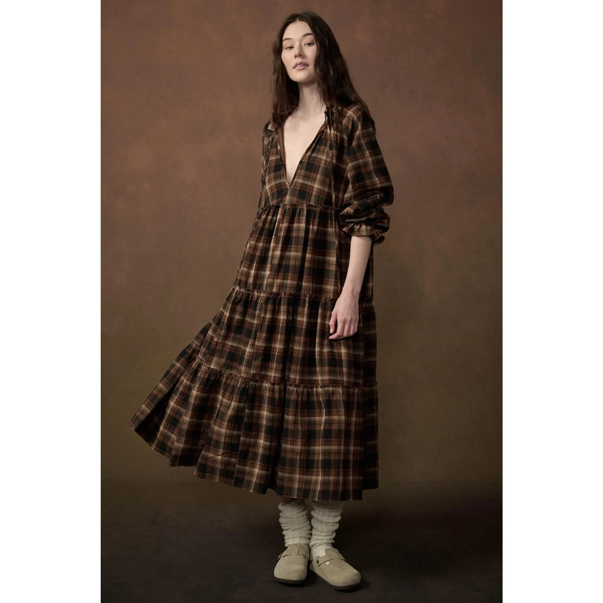 Plaid Dreams Tiered Long-Sleeve Midi Prairie Dress