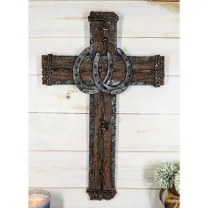 Rustic Western Lucky Horseshoes Barbed Wire And Rope Wall Cross Decor Plaque 19"