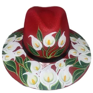 Hand Painted Straw Fedora Beige Hat with Red Floral Designs and Bird Motifs