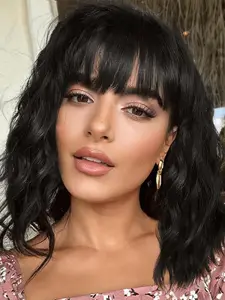 Natural Black Body Wavy Wigs for Women, Natural Looking Gorgeous Fluffy Wigs with Air Bangs, Synthetic Heat Resistant Shoulder Length Wigs for Party, Daily Use