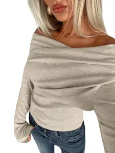 Women's Solid Off Shoulder Pullover Sweater, Casual Long Sleeve Fitted Jumper for Daily Wear, Ladies Knitwear for Fall & Winter, Hoodie