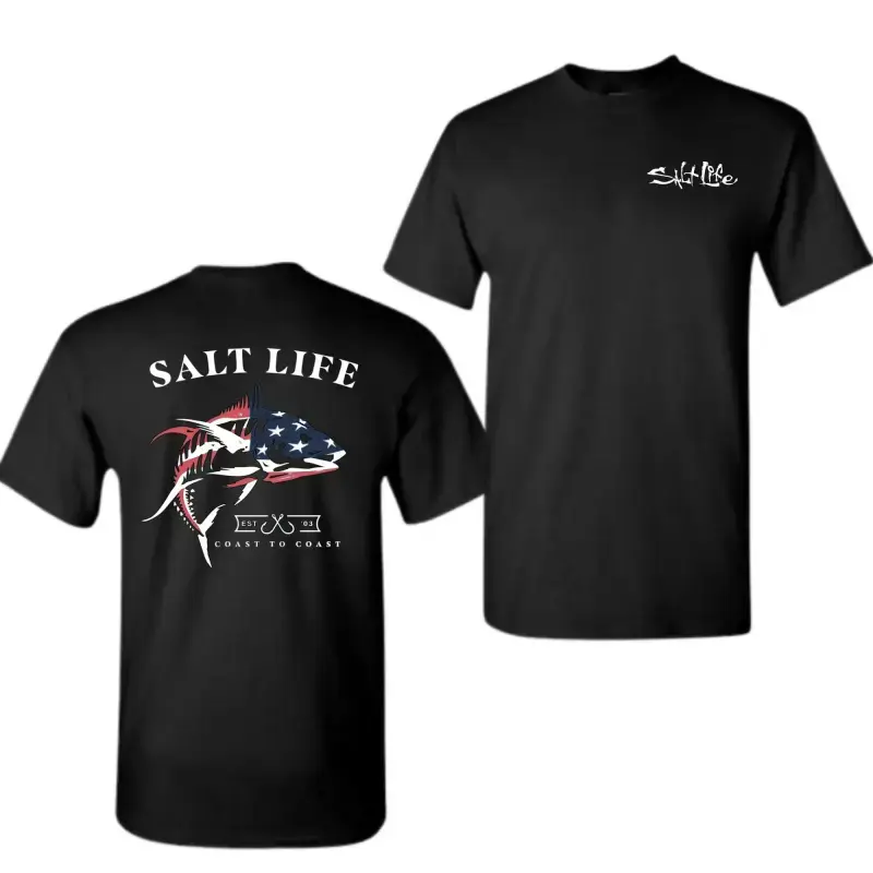 Salt Life Coast to Coast T-Shirt, Patriotic Fish Graphic Tee, American Outdoors Fishing Shirt, Soft Cotton Casual Apparel for Men Women, Unisex Streetwear, Vintage Graphic Tee Coastal Style-DK.X