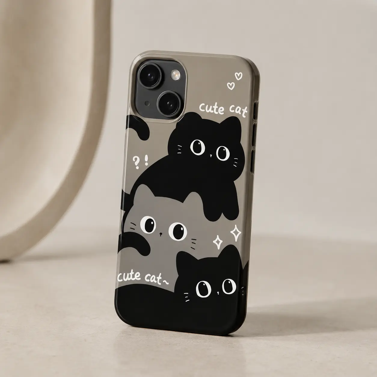 Cute Cat Phone Case, Black Grey Kitty Graphic Cover, Kawaii Cat Aesthetic Phone Case