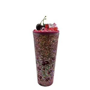Cherry Glitter Snow Globe Tumbler 24oz with Custom Lid for Strawberry Milk Drinkware Perfect for On-the-Go Use - Bottle, Water Bottles