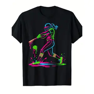 Neon Glow Softball Player T-Shirt |   Boys & Girls Black with Pink & Cyan Drip Design - 100% Crew Neck Tee, Casual All-Season Short Sleeve Top for Boys & Girls, Comfortable Street Style Fashion Tee, Cute T Shirts (3-13Y)