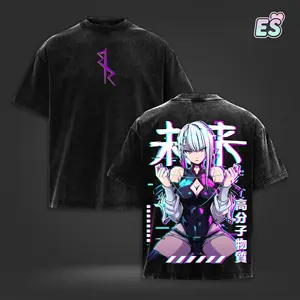Lucy Cyberpunk Ice Queen Anime Double Printed Vintage Washed Tee ver Unisex Oversize Heavyweight Cotton Manga Graphic Crewneck Soft Tops Natural Shade T-shirt Anime Gift