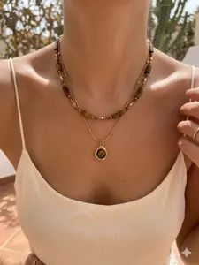 Vintage Tiger Eye Stone Pendant Necklace | French Aesthetic Double-Layer Clavicle Chain, Elegant Layered Jewelry for Women