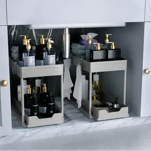Under Sink Organizer 2 Pack,Bathroom Cabinet Organizer,2 Tier Sliding Cabinet Basket Organizer Drawer, Multi-Purpose Bath Collection Baskets for Bathroom (Grey)