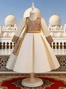 Childrens Muslim Print Dress Girls Princess Dress Banquet Birthday Party Piano Performance Long-Sleeved Formal Evening Dress