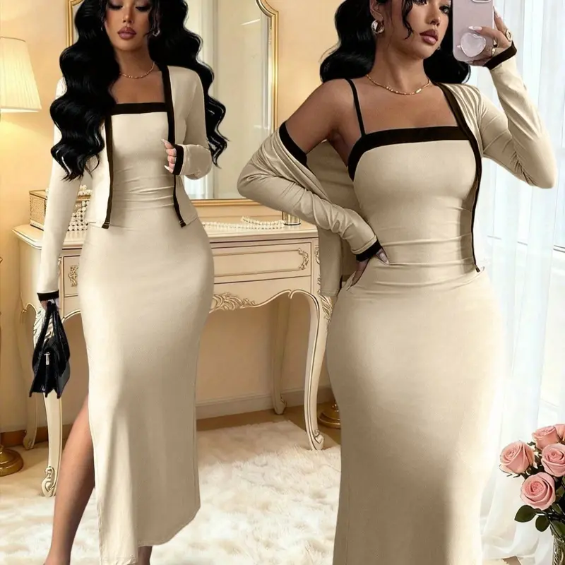 Women's 2-Piece Fall Winter Fashion Comfortable Colorblock Square Neck Camisole Long Dress with Long Sleeve Outer Cardigan, Versatile Design
