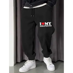Men's "i Love My Girlfriend" Print Drawstring Sweatpants, Regular Fit Soft Casual "i Love My Gf" Print Pocket Back To School Pants, Pants for Men, Fun Graphic Trousers, Men's Clothing, Menswear, Valentine's Day Gift for Him, Boys Clothing, Fall Clothes