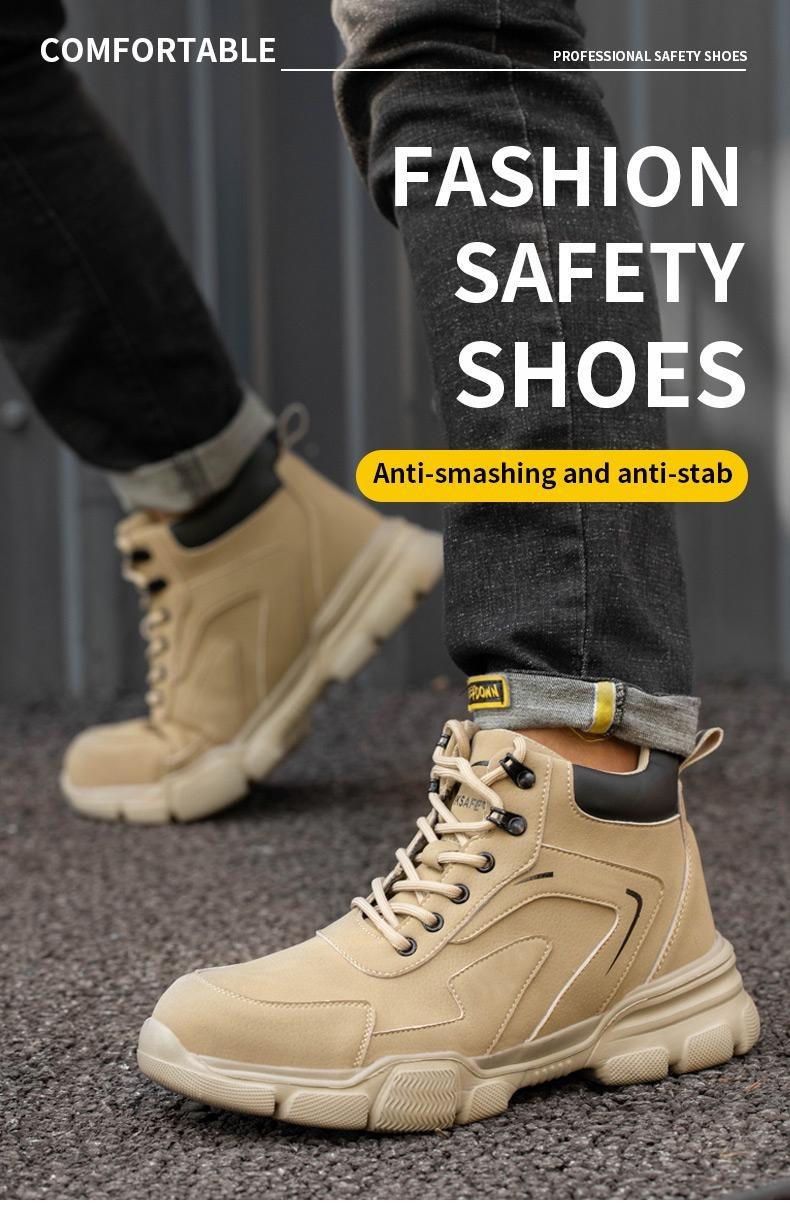 Outdoorfun Anti-Smash & Anti-Puncture Work Shoes: Khaki, Closed Toe, Protection for Boys & Workers