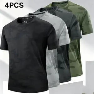Four piece men's camouflage short sleeve set, featuring a casual cool style, lightweight and comfortable short sleeve fit, breathable and skin friendly fabric, and a shape that fits the body without being tight. Suitable for men who enjoy a casual cool st