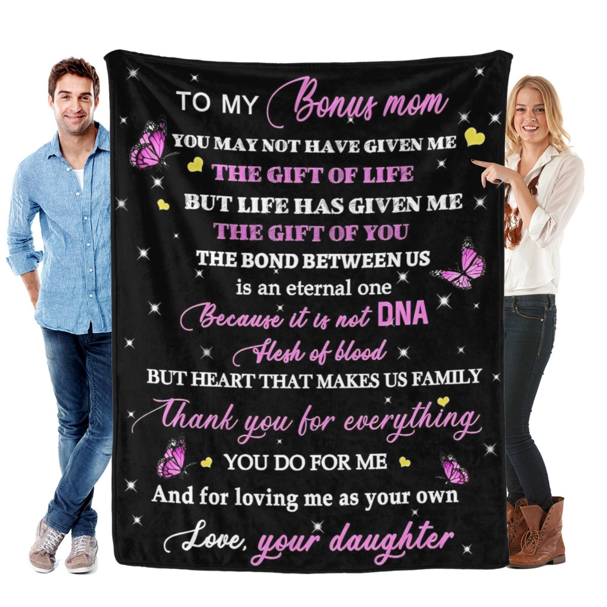 To My Bonus Mom Blanket from Daughter, Heartfelt Stepmom Gift, Inspirational Love Message Throw, Butterfly Design, Cozy Gift for Birthday, Christmas, Mother’s Day