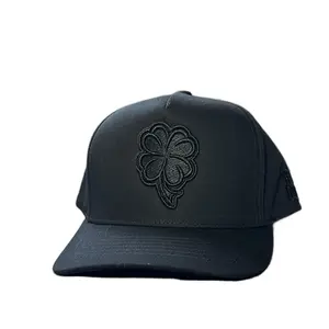Black Trebol Cap with Embroidered Flower and Curved Brim