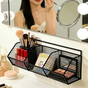 Drill-Free Wall Mount Storage Basket 3 Compartments for Remote Control Cable Tissue Organizer Space Saving