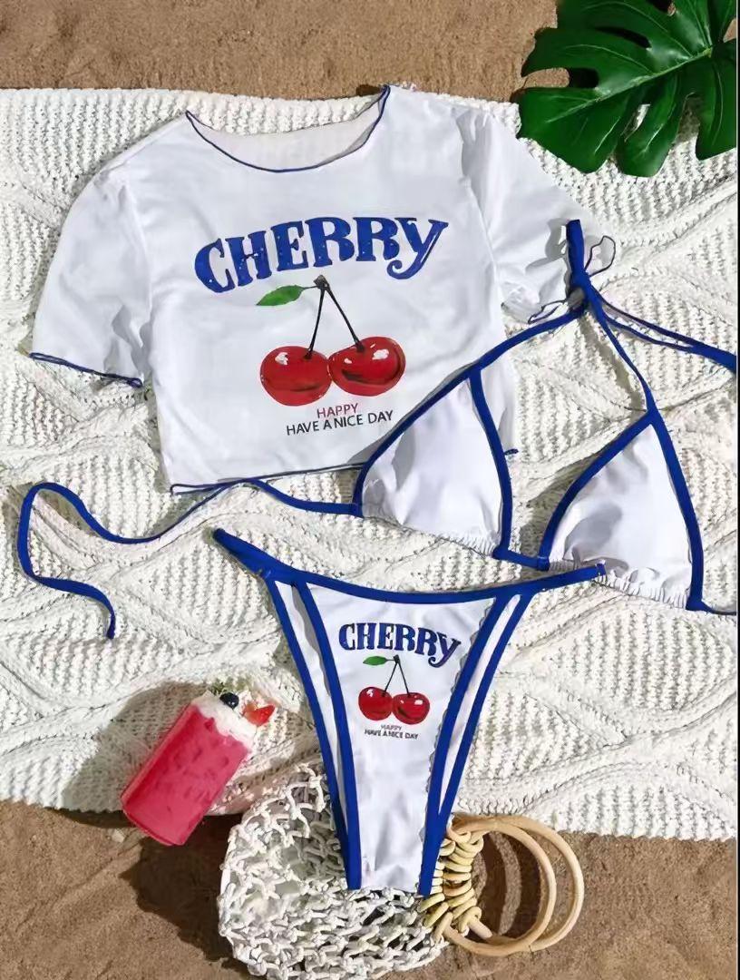 Women's Cherry Print Three-Piece Swimsuit, Cute Triangle Bikini Set with Cover-Up & Adjustable Straps, Stylish Wear for Beach, Pool & Resort women