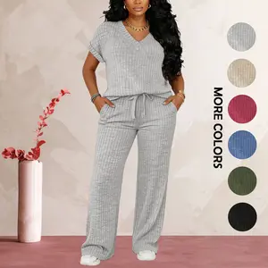 MOEENCN Women's Ultra-Soft Brushed Ribbed Knit 2-Piece Loungewear Set, V-Neck Top & High Waist Wide Leg Pants with Pockets for Lazy Days & Brunch