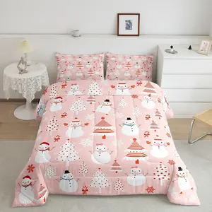 Cartoon Snowman Bedding Set,Christmas Tree Decor Comforter,Pink Dots Xmas Theme Duvet Set,Bedroom Comforter Inner Fill Twin Full Queen Size