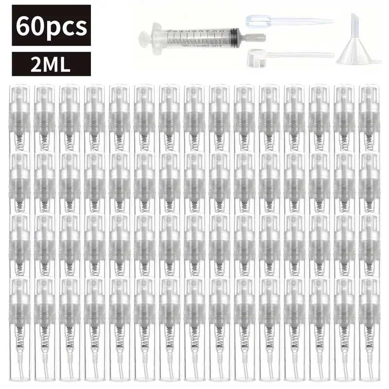 2ml Mini Refillable Spray Bottle Set, Makeup Container Set, Sample Containers, 60pcs Empty Spray Bottles & 4 Counts, Travel Bottle for Perfume, Toiletry, Skin Care, Christmas Gift