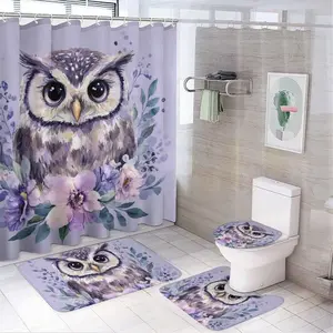 Owl pattern design, 4-piece shower curtain set, modern bathroom decoration, with carpet (bath mat, U-shaped, toilet lid) and 12 durable hooks, non slip floor mat, waterproof forest shower curtain, polyester fiber