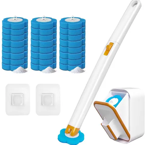 Wall-Mounted Toilet Wand Brush Set, 18-Piece Integrated Cleaning Solution with Refillable Silicone Heads, Sturdy Long Handle, Flexible Head, Holder, Sticky Hook for Deep Toilet Cleaning, Space-Saving Bathroom Supply