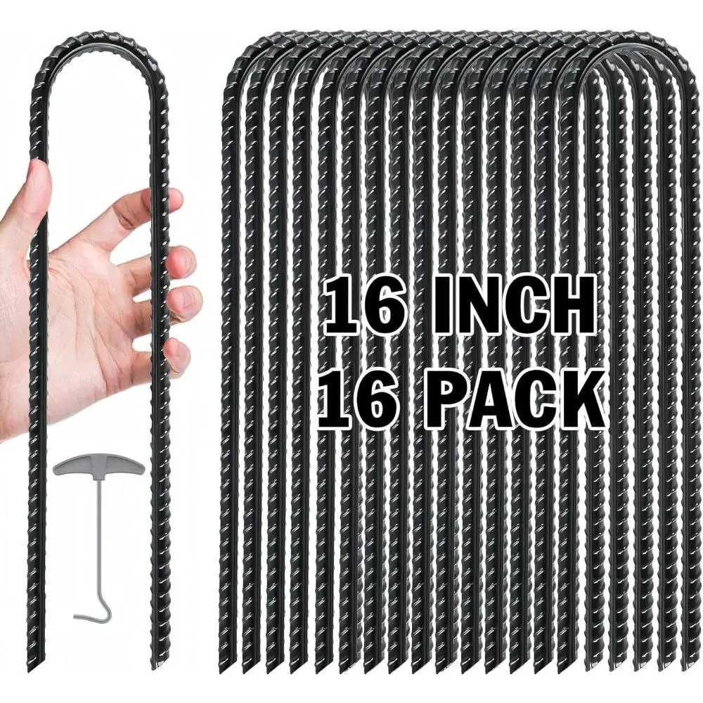 Stakes and Accessories For Trampoline, Tent: Heavy Duty Ground Stakes with T Hook, Ground Anchors, Rebar Stakes, High Wind Anchors, Galvanized Steel, U Shaped, Black