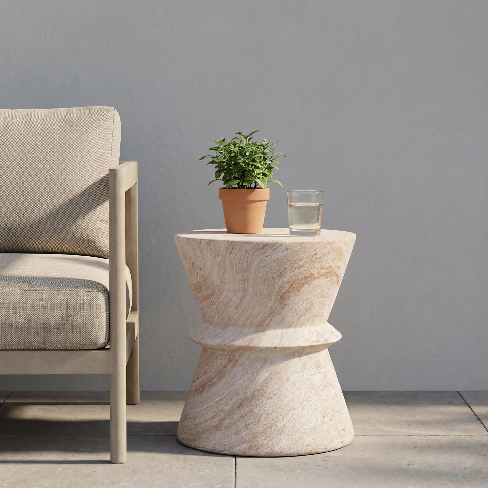 Hourglass Concrete Side Table with Travertine Finish, 15.5x15.5x18 Inches, Lightweight Indoor Outdoor End Table, Beige, No Assembly Needed