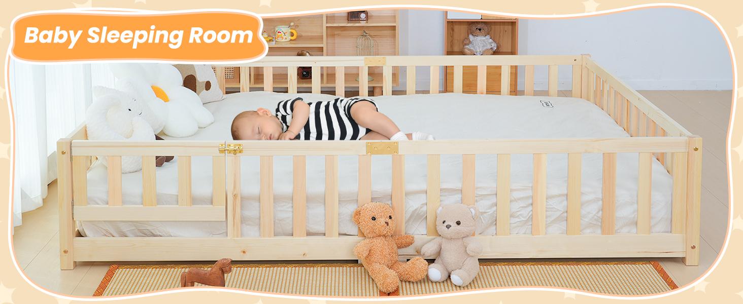 Naudacaa Twin/Full Size Montessori Floor Bed for Kids, Solid Wood Bed Frame with Fence, Door & Safety Guardrails, CPC Certified